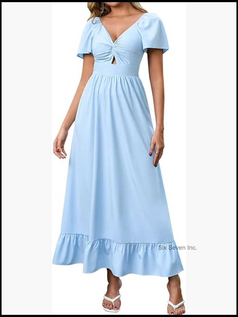 Flowy Short Sleeve V-Neck Maxi Dress For Wedding Guest Casual Beach